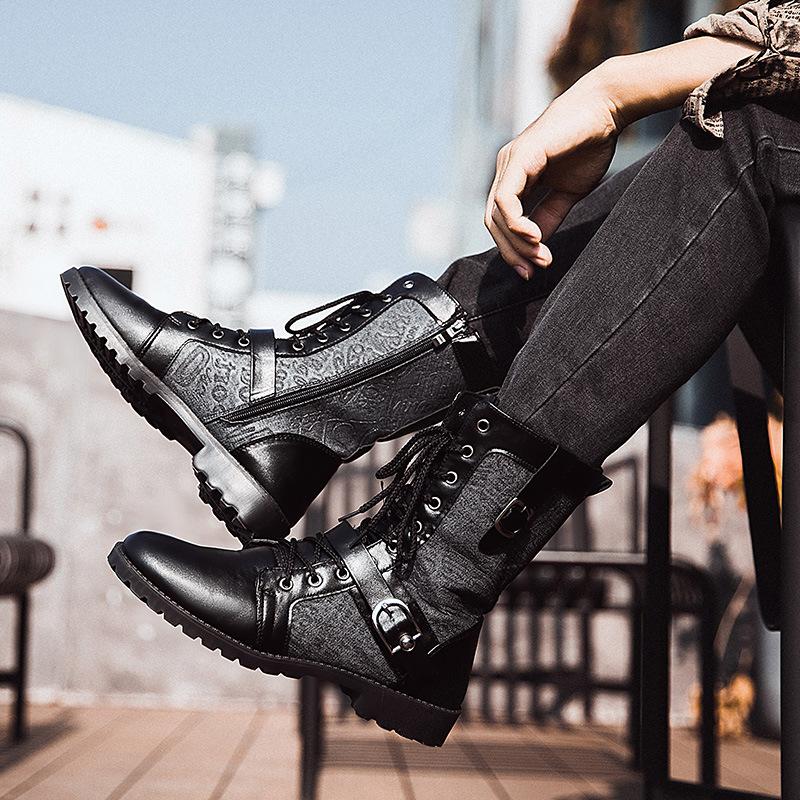 PU Leather Men Motorcycle Boots Men's Riding Hunting Walking Shoes Autumn Winter Mid-Calf Boots Brand Designer High Top Boots