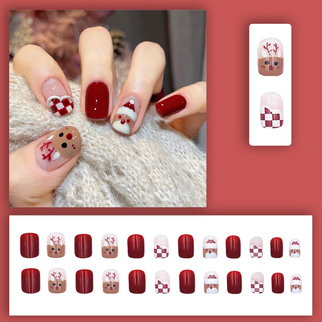 Christmas Fake Nails Short Press On Nails Square Red Full Cover Glue On Nails Christmas Nails With Cute Designs Extra Short With 2ml Glue
