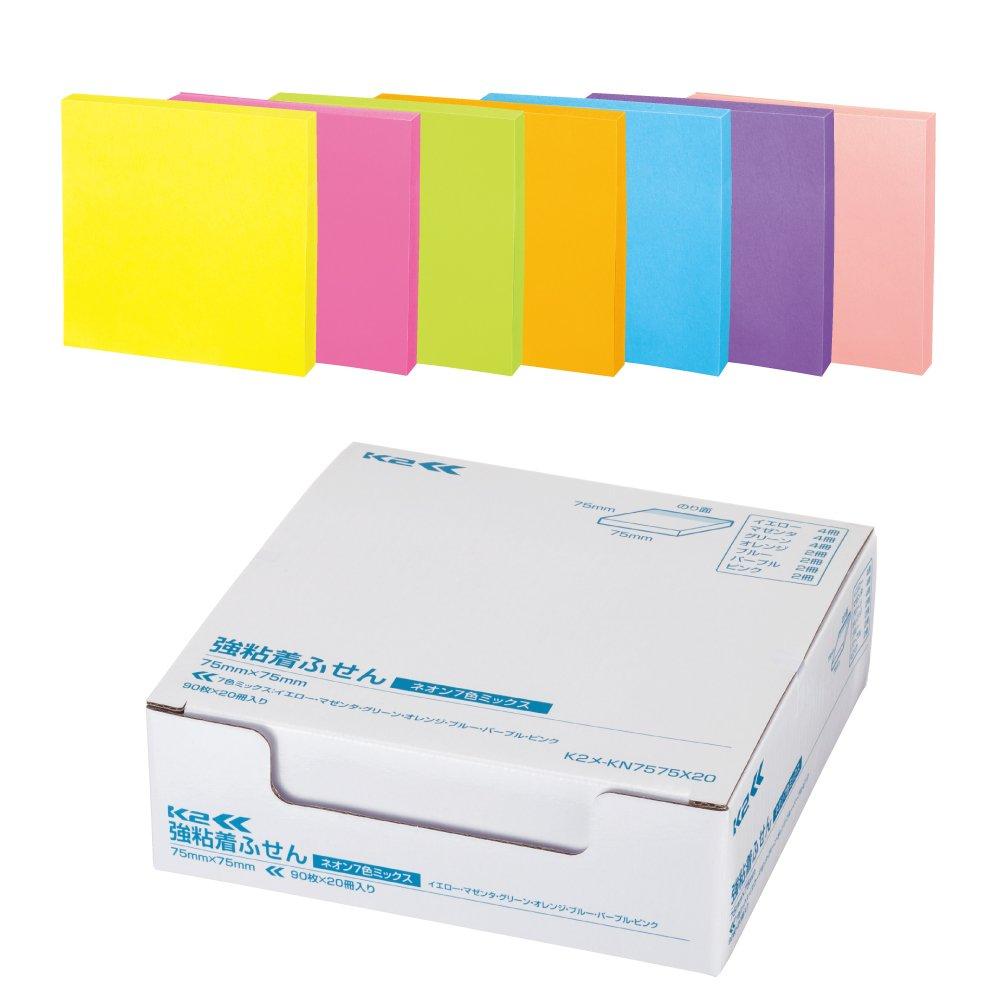 KOKUYO Sticky Strong 75mm x Neon 90 sheets x 20 7 Notes, Adhesive, K2, 75mm, Colors, packs, colors, K2ME-KN7575X20
