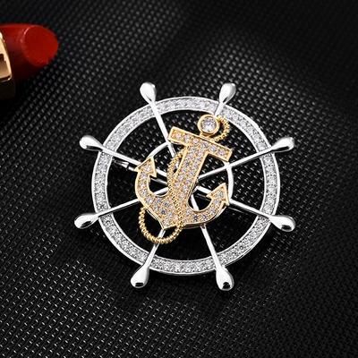 2022 New Navy Blue Wind Anchor Brooch Rotatable Large Rudder Pin Fashionable Wind Corsage for Men Women Zircon Jewel for Wedding
