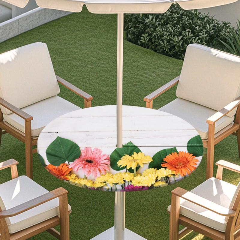 Outdoor Round Table Cover With Floral Leaf Print Waterproof Elastic Hem Patio Garden Dining