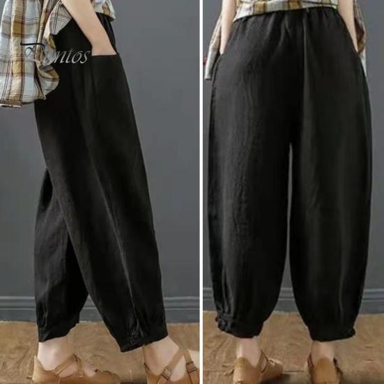 Loose Trousers Lantern Pants Summer Elastic Waist Solid Color Cotton Linen Dual Pockets Harem Ankle Length Fit Women Baggy Daily Wear Casual