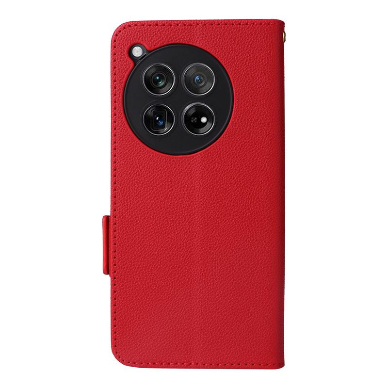 Кожаный чехол-книжка для OnePlus 12 5G с держателем для карт, подставкой, ремешком и защитным корпусом.