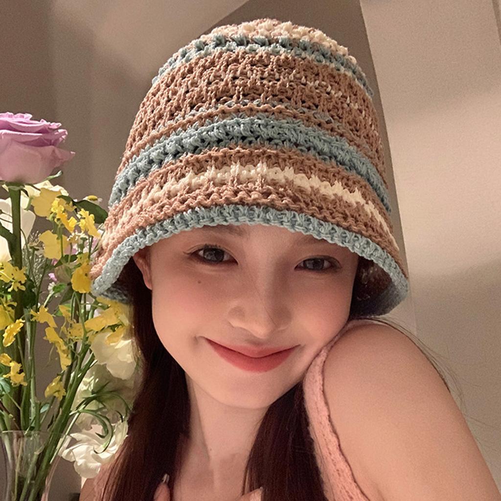 Summer Sunproof Crochet Bucket Hat Ladies Spring Commute Camping Fisherman Cap with Stripe Pattern for Girlfriend