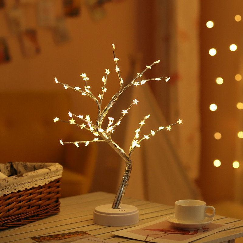 LED Bonsai Tree String Lights - Christmas & Holiday Decoration Night Light with Silver Flowers