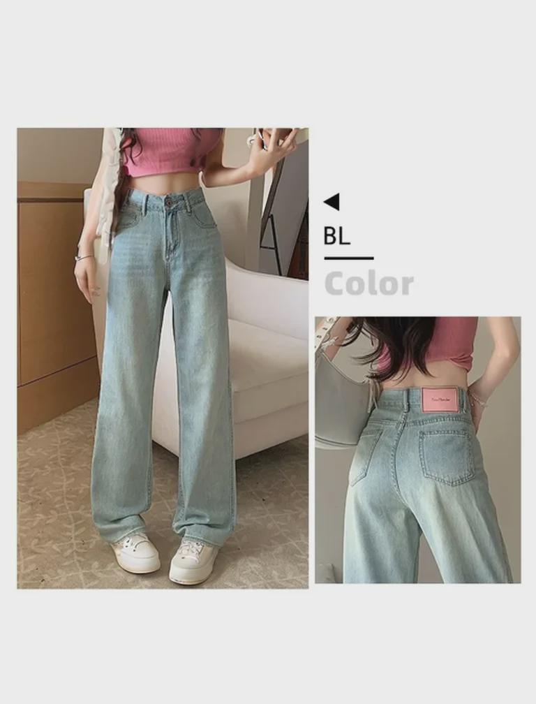 Женские джинсы большого размера из розовой кожи с высокой талией и широкими штанинами - Модные свободные прямые брюки