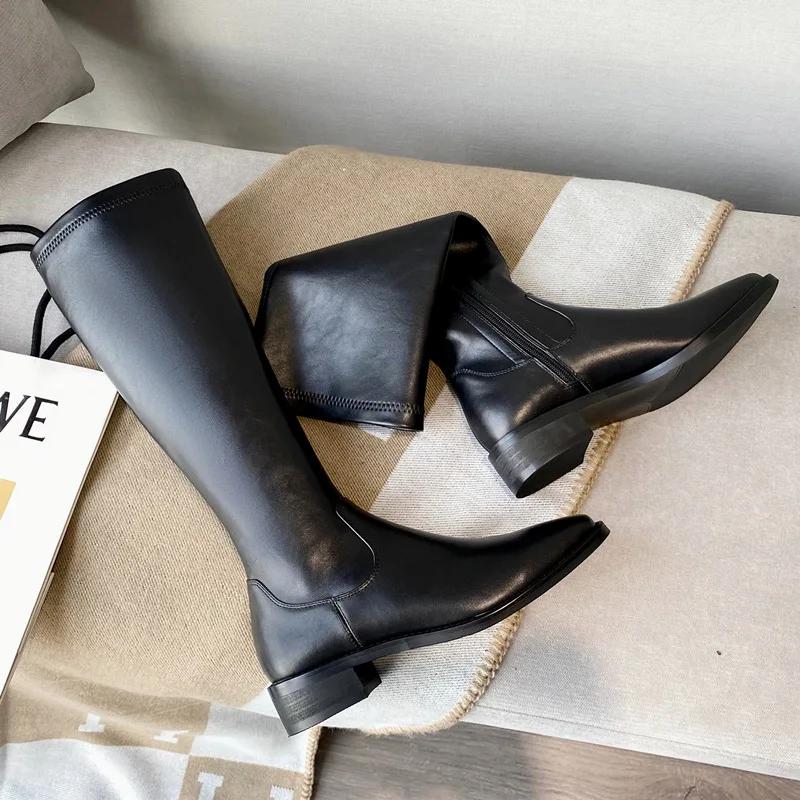 Модные зимние женские длинные кожаные сапоги Модные однотонные простые осенние новые женские коричневые сапоги до колена Модные повседневные готические боты