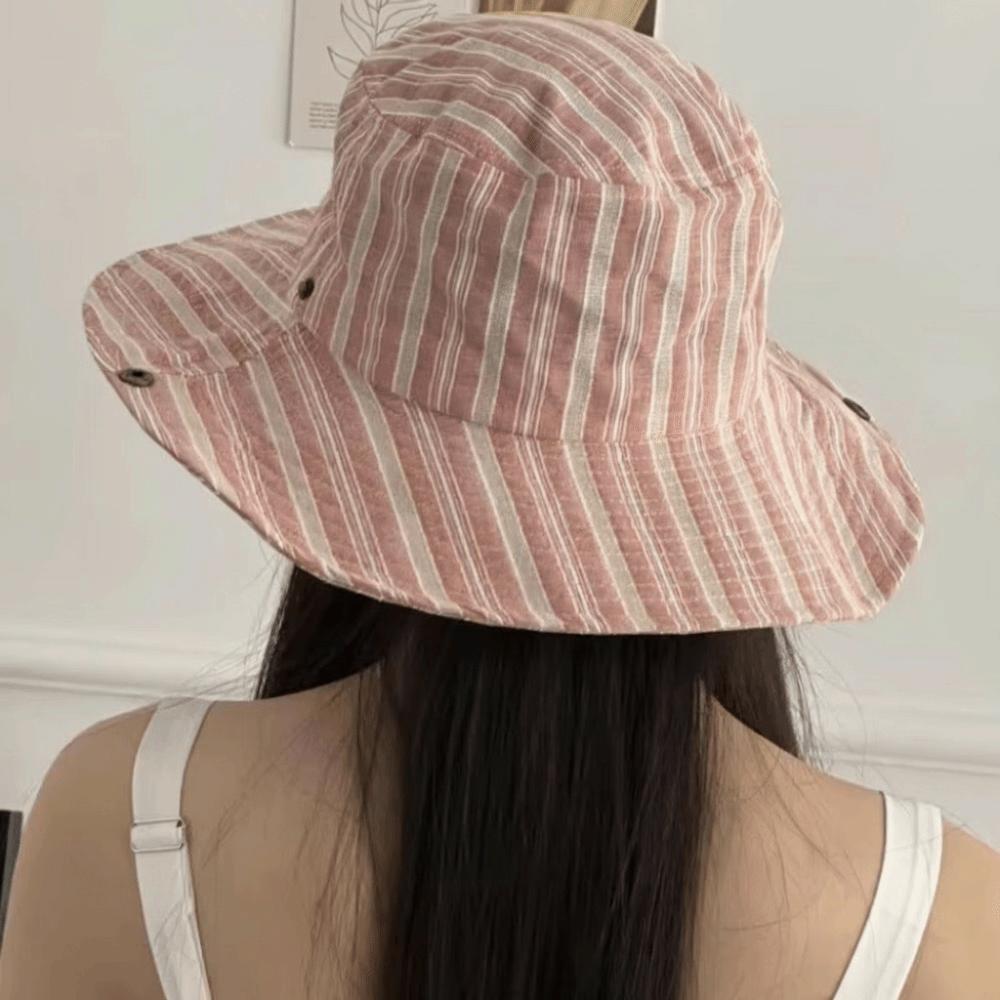 Striped Pattern Korean Version Hat Simple Design Big Eaves Simple Travel Hat Korean Style Shading Function Striped Bucket Hat