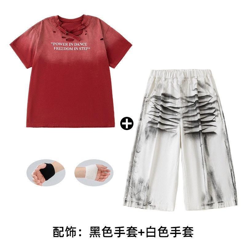 Kids Hip Hop Dance Outfit Set Boys Girls Street Performance Cool Style Short Sleeve Pants