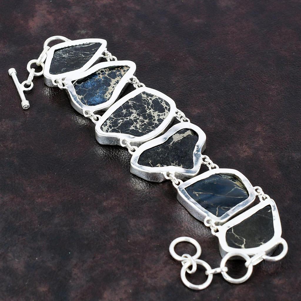 Браслет из яшмы из осадка Черного моря Браслет ручной работы Браслет из стерлингового серебра 925 пробы Регулируемый браслет-цепочка Ювелирные изделия из драгоценных камней Подарок для матери