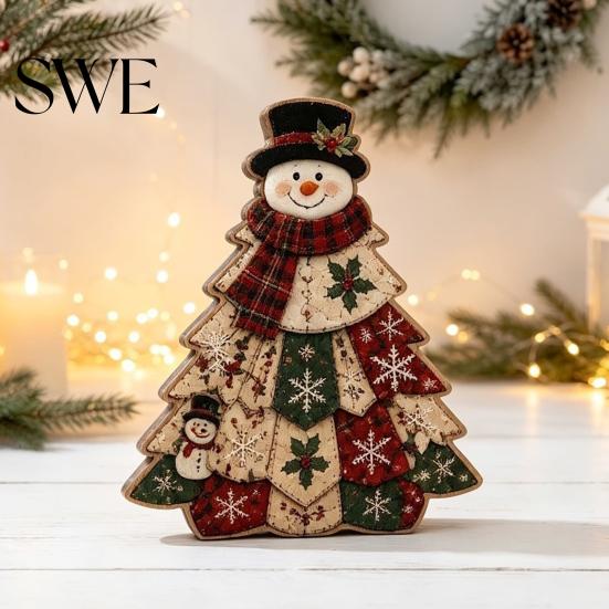 Wooden Holiday Party Decor Quilted Christmas Tree Table Sign, 2D Flat Fabric Patchwork Pattern Desktop Reusable Xmas Sign Ornament, Rustic Farmhouse