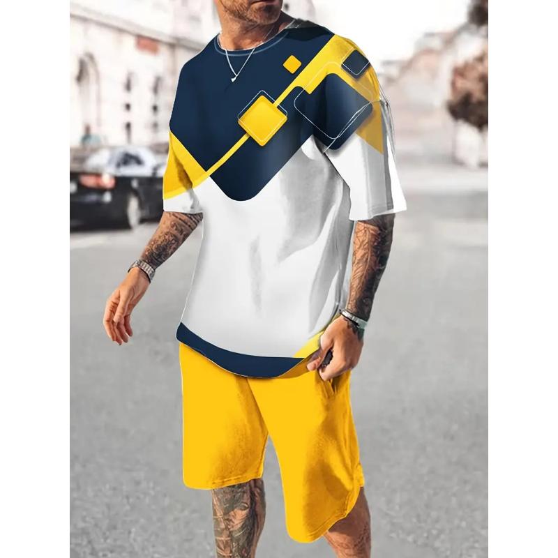 Men's Suit Casual Simple Pattern Printing T-shirt Hawaiian Casual Vacation T-shirt Two Piece Quick Drying Short Sleeved Men Set