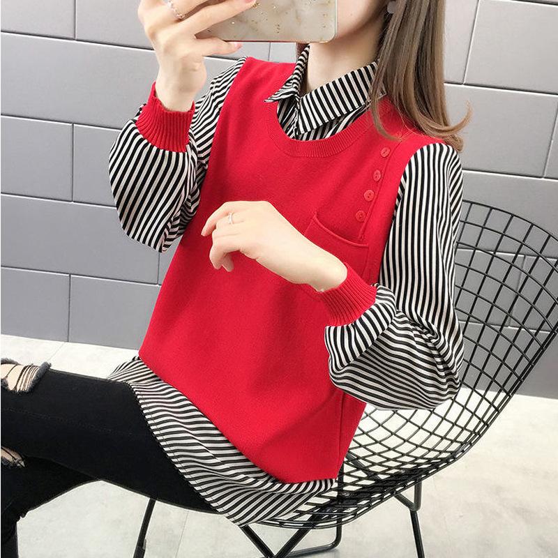 Свитер женский осенний, новая верхняя одежда, свободный воротник рубашки, искусственный вязаный свитер из двух частей