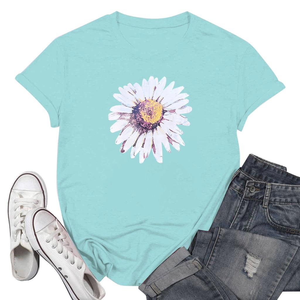 Женская повседневная футболка с принтом хризантемы, пуловер с круглым вырезом, топ с короткими рукавами