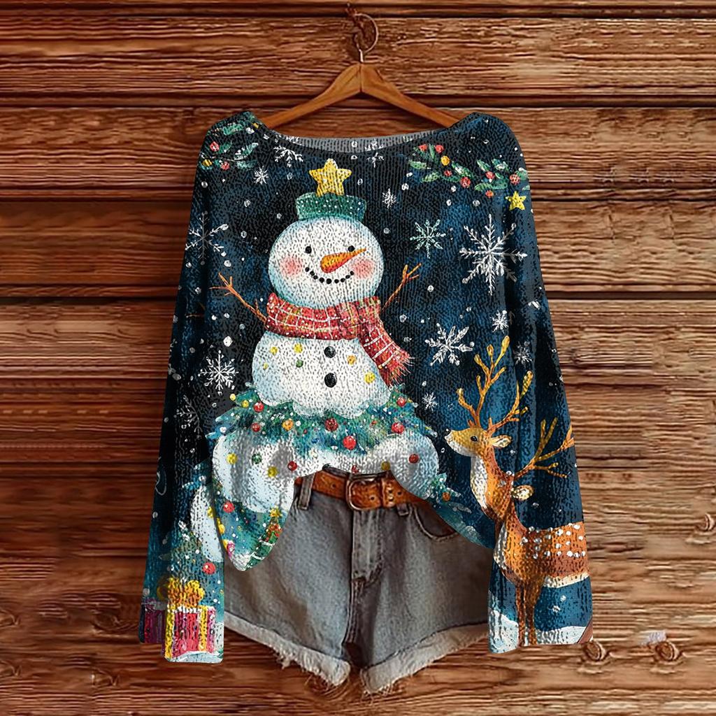 Women's Christmas Print Lightweight Sweater Casual Long Sleeve Knitted Pullover
