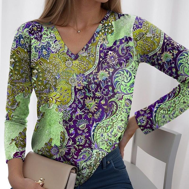 Весенне-осенний топ с V-образным вырезом и 3D-принтом пейсли, модная повседневная женская футболка с длинным рукавом