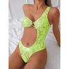 Shiny Green Snakeskin Print One Piece Swimsuit Women Sexy One Shoulder Hollow Out Thong Bikini Beach Bathing Suit Swimwear