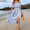 Women's Fashion Summer Spring Flower Pattern Print Short Sleeve One Shoulder High Waist Casual Dresses