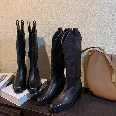 Женские сапоги 2025 новые осенне-зимние с V-образным вырезом, тонкие, но до колена, вышитые длинные ковбойские сапоги в стиле ретро для верховой езды