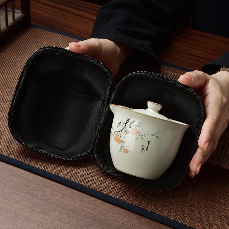 Ru Kiln Travel Tea Set Kuaike Cup One Pot Two Cups Kung Fu Set Outdoor Storage Portable Bag Business Souvenir