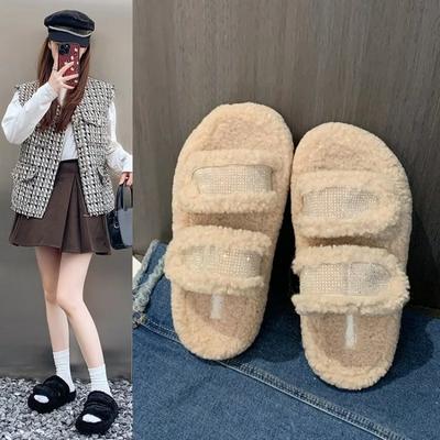Модные домашние тапочки размера плюс 40 на платформе с мехом, шлепанцы, женские тапочки из мягкого плюша на плоской подошве из римских базовых резиновых ПУ-туфель