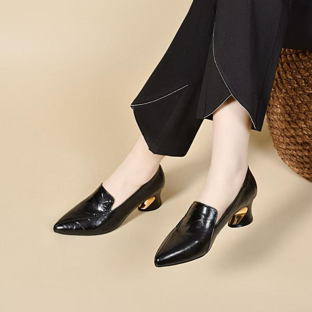 Pointed High Heels Women's Spring Simple Temperament Light Luxury Small Single Shoes Embossed Cowhide One-pedal Leather Shoes