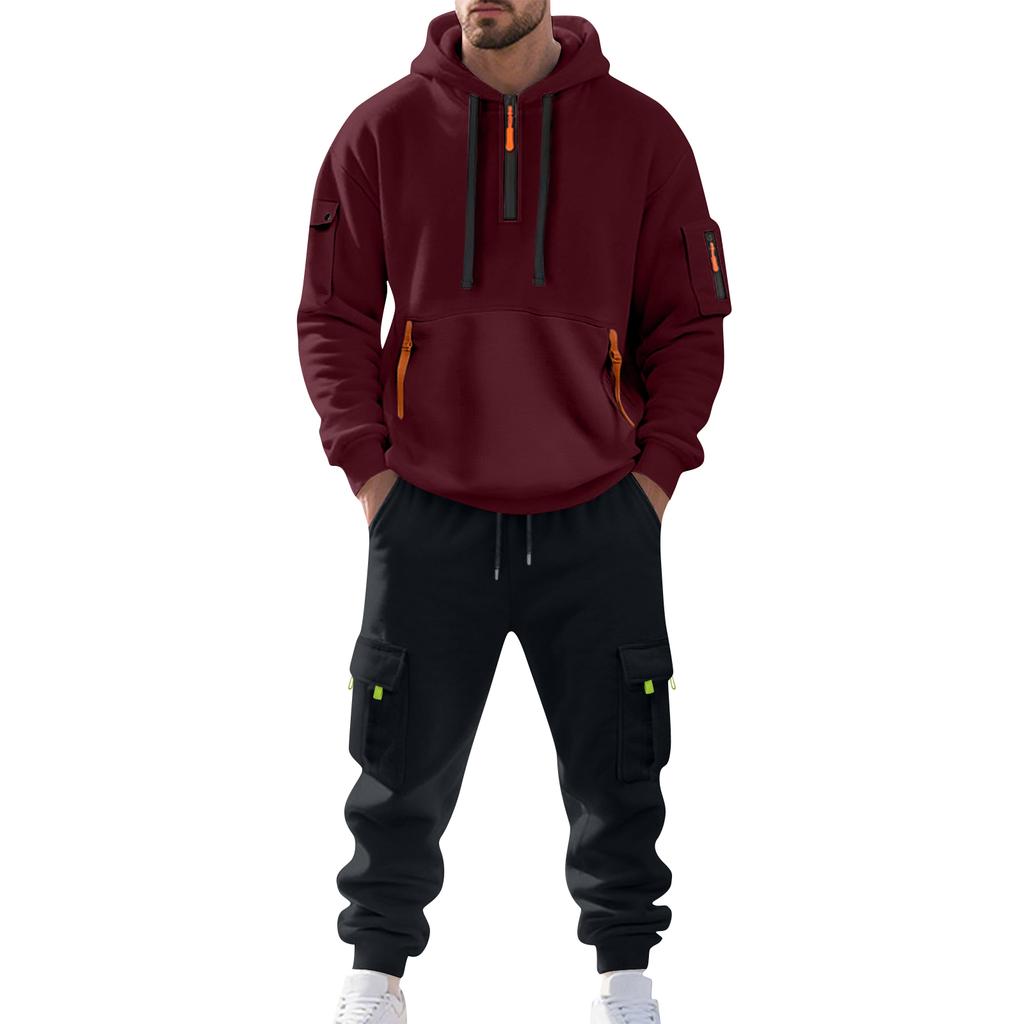 Men's Solid Color Casual Suit Loose Sports Hooded Sweatshirt With Pockets Multi Pocket Overalls Suit