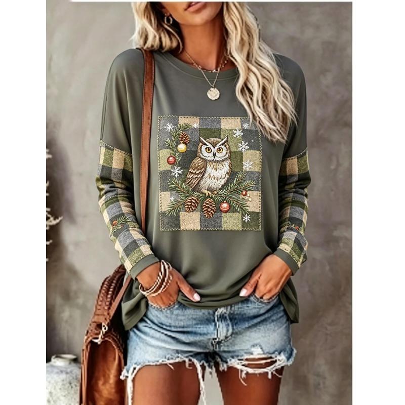 Women Long Sleeve T Shirt Fox Rabbit Patchwork Grid Pinecone Berry Snowflake Print Crew Neck Casual Fall Tops