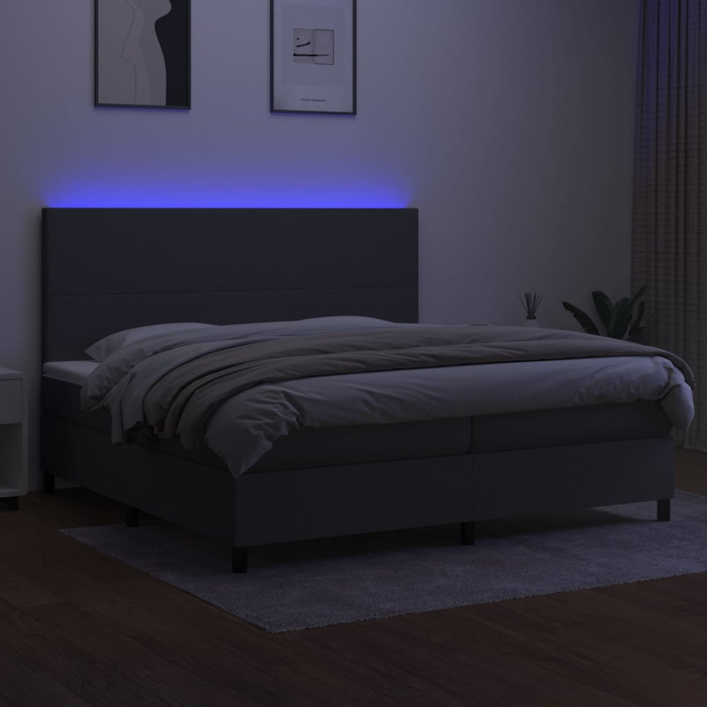 Box Spring Bed with Mattress & LED Dark Grey 200x200 cm Fabric