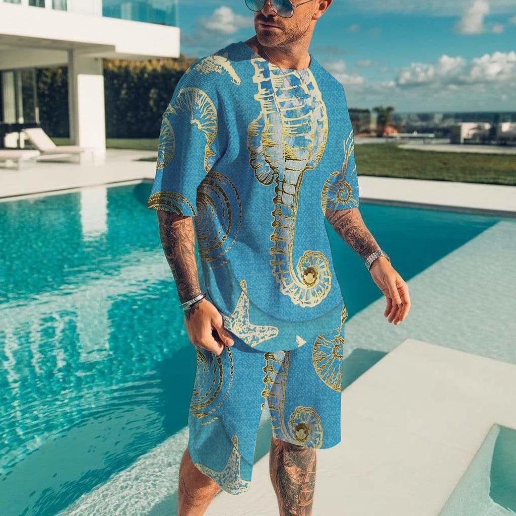 Гавайский мужской комплект, повседневная футболка, пляжные брюки, костюм, повседневный стильный мужской топ с коротким рукавом, для отдыха на природе, мужские футболки, короткий комплект из двух предметов