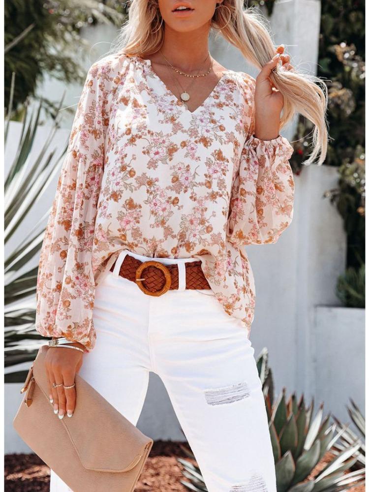 Fashion Women's Casual Tops Spring/Summer V-neck Lantern Sleeve Floral Chiffon Shirt Top with Lining Comfortable and Versatile T-shirt for Ladies