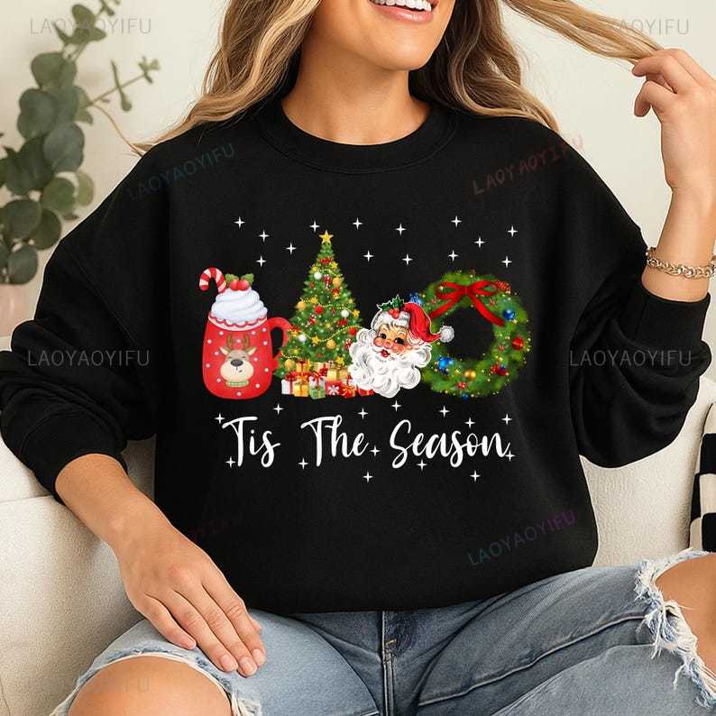 Tis The Season Cute Crewneck Merry Christmas Holiday Winter Hoodie Womens Sweatshirt Xmas Gift Autumn and Winter Pullover