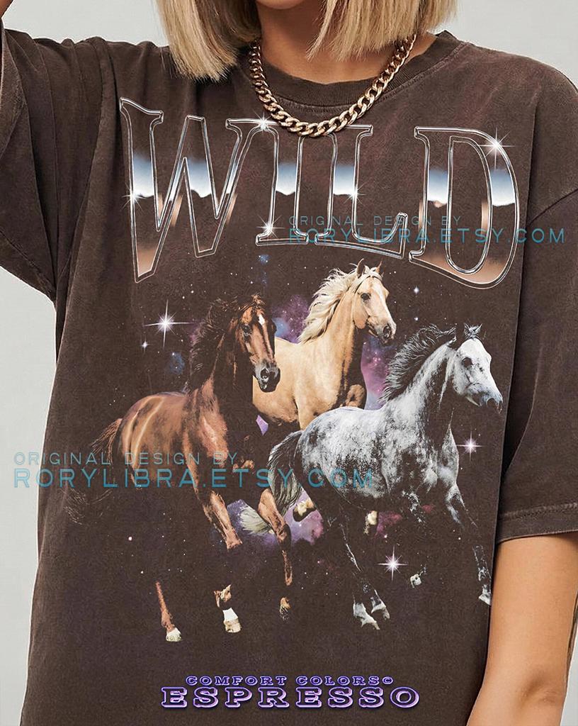 Wild Horses Space Galaxy Retro 90s Bootleg Comfort Colors® TShirt and kids tshirt, Mustang Animal Lover Wildlife Nature Tees, Vintage Aesthetic,