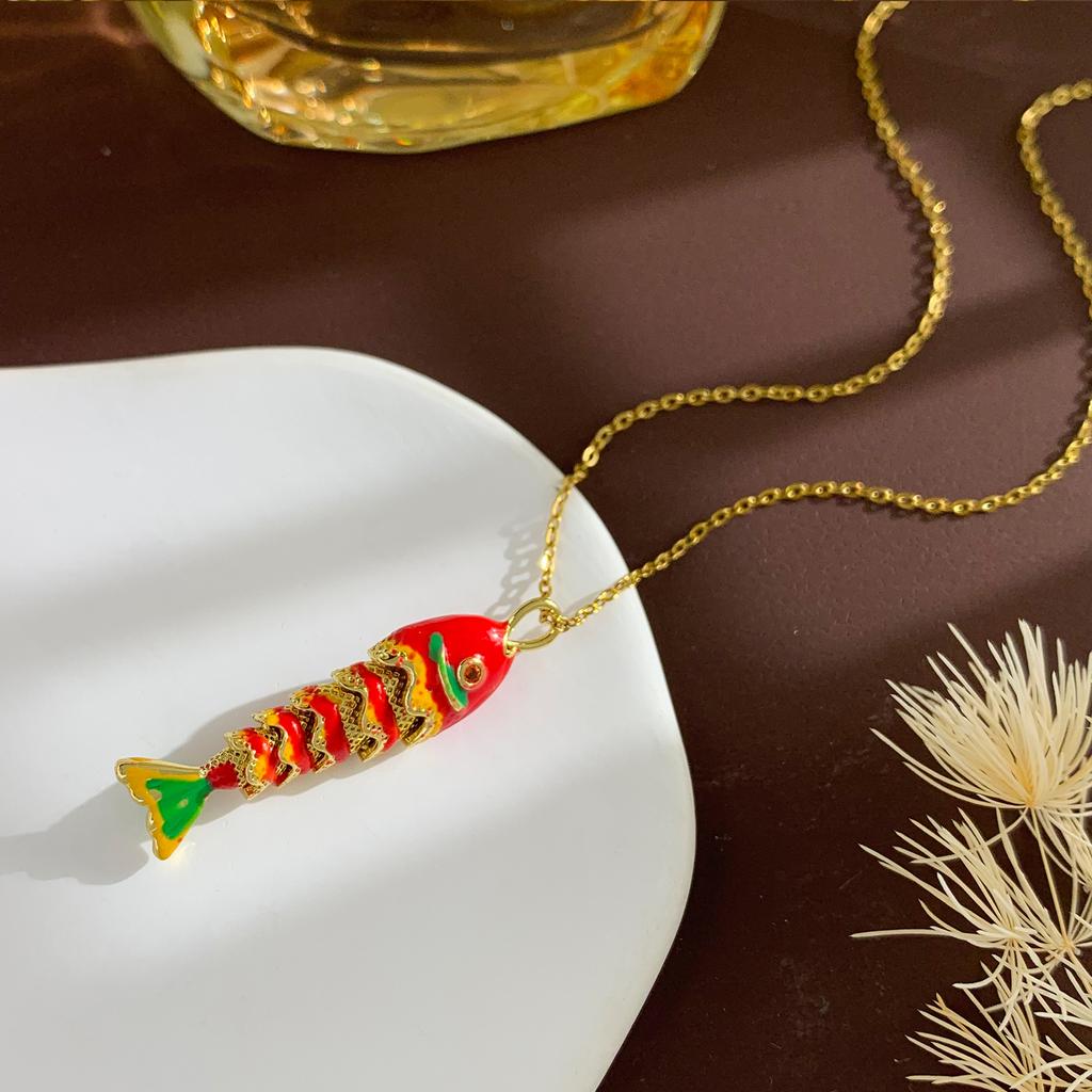 Ожерелье Подвижная Рыба Ожерелье Эмаль Национальный Стиль Продвинутое Чувство Не Выцветает Цепочка на Ключицу