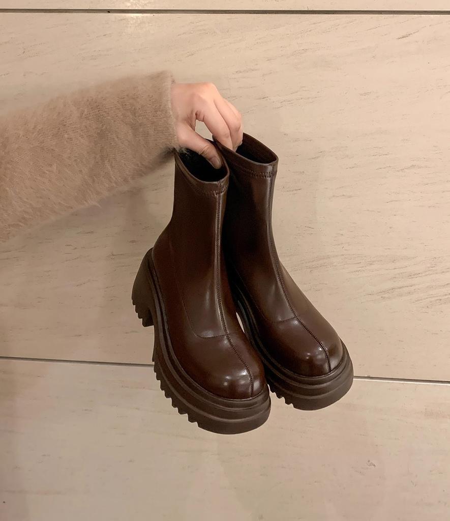 Легкие тонкие ботинки~ толстый каблук толстая подошва задняя молния сумка нога эластичные короткие ботинки женские 2025 осень и зима новые мартин тонкие ботинки