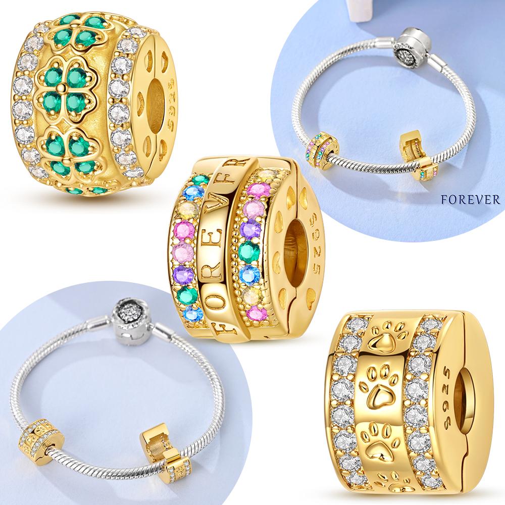 925 Silver Gold Fixed Clip Four-leaf Clover Forever Color Zircon Claws Bead Fit Bracelet Charms Women Jewelry Fine Gift