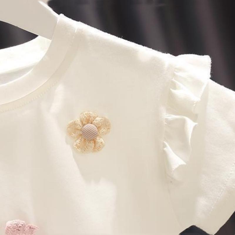 Летняя футболка для девочек, модная, милая, с короткими рукавами, цветами, круглым вырезом, с детской хлопковой нижней рубашкой