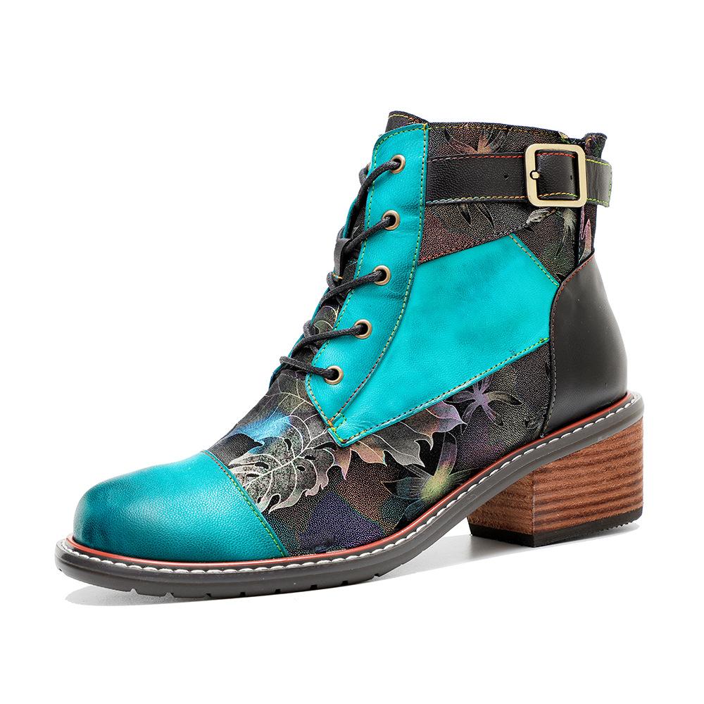 Johnature Короткие сапоги ручной работы с контрастным принтом, повседневная удобная женская обувь из натуральной кожи в стиле ретро в стиле ретро