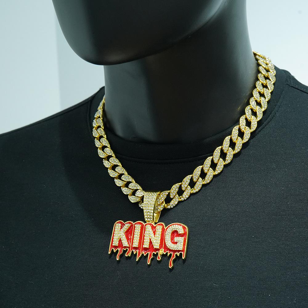 Кулон-буква KING, инкрустированный бриллиантами, кубинская цепь, европейский и американский хип-хоп, полностью усыпанный бриллиантами, персонализированное властное мужское ожерелье