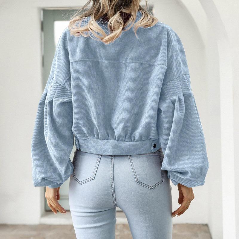 Женская повседневная вельветовая куртка с лацканами, осенне-зимняя однобортная короткая куртка с рукавами-фонариками