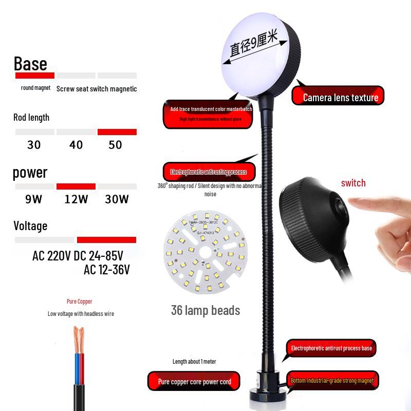 220V LED Work Light with Magnetic Base for Lathe, Punch Press, Injection Molding, and 24V Equipment