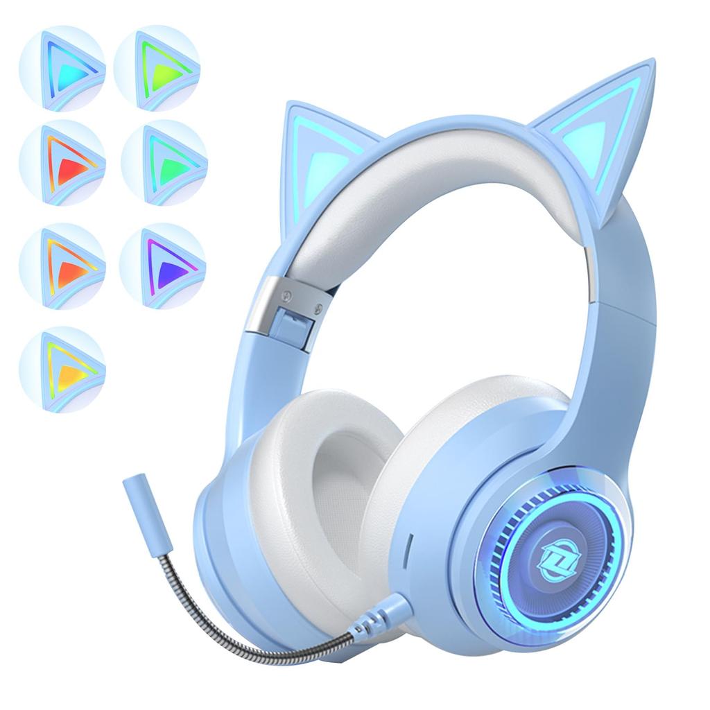 Bluetooth 5.3 Cat Ear Headphones, Over-Ear Headphones, Headphones with LED, Glitter, Rainbow Color Conversion, Bluetooth 5.3 Wireless, with