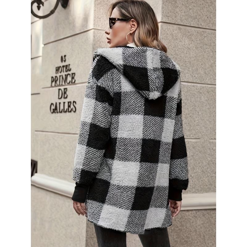 Клетчатый принт с открытым передом, пушистое пальто, повседневное пальто с длинным рукавом и капюшоном для осени и зимы, женская одежда