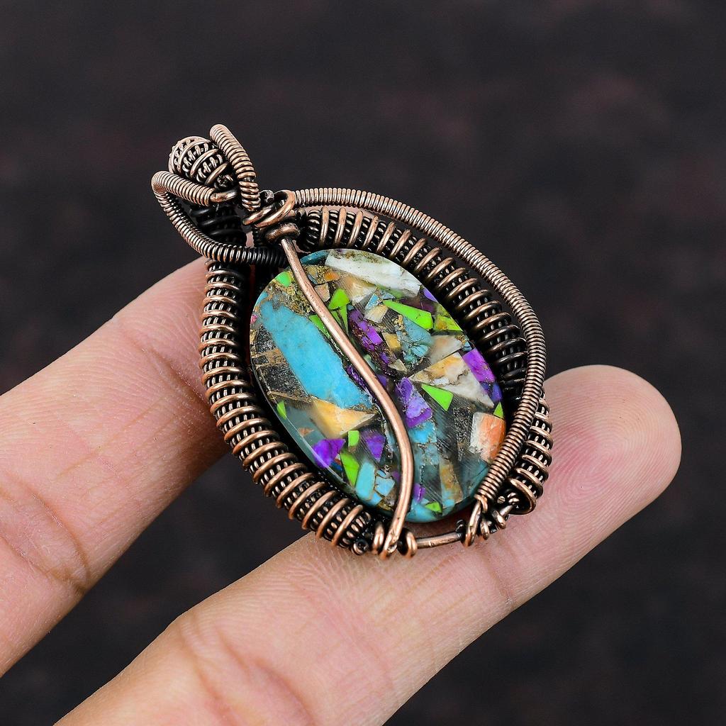 Fiesta Kingman Turquoise Pendant Copper Wire Wrapped Gemstone Pendant Multi Copper Turquoise Pendant Handmade Copper Jewelry Engagement Gift
