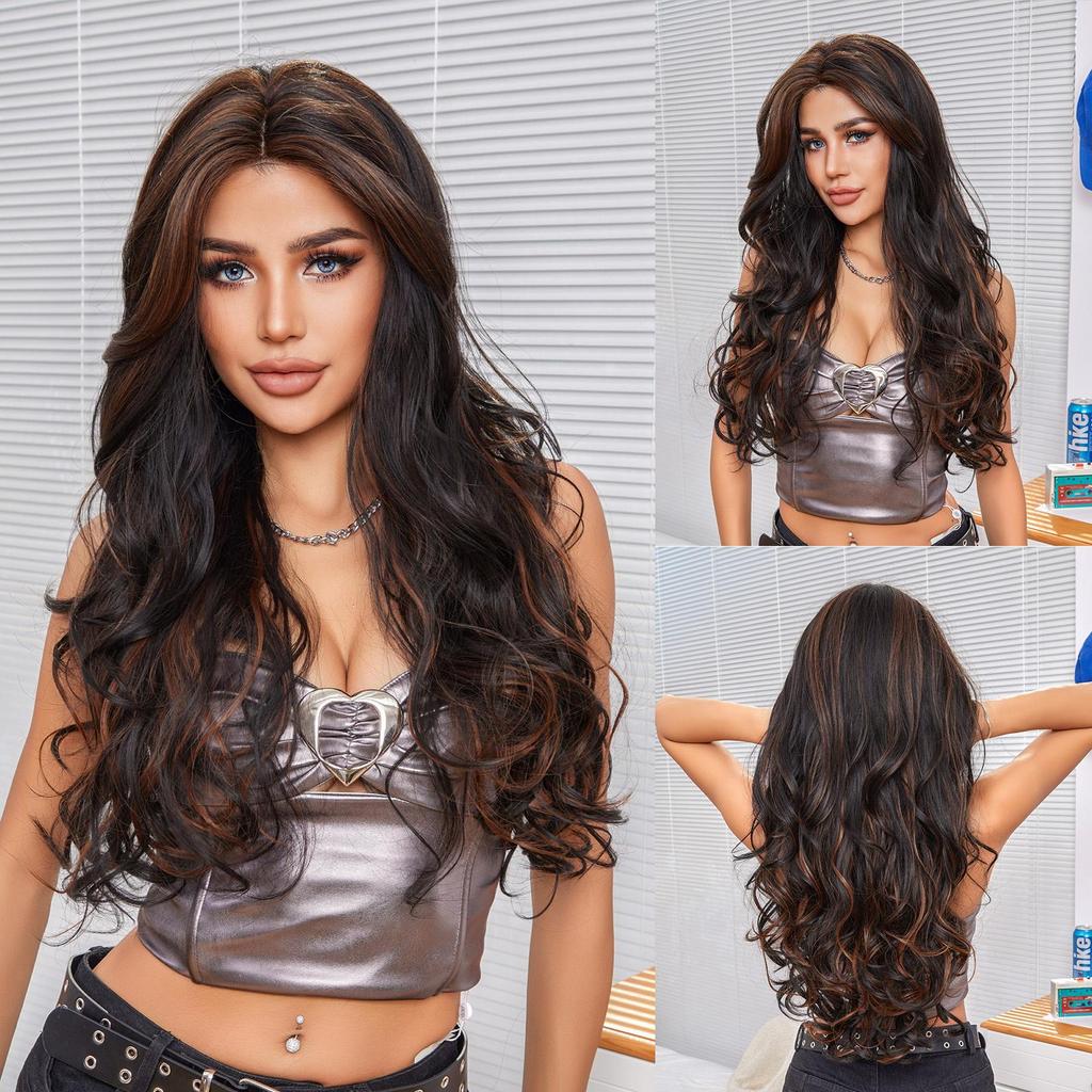 CharmSource Hairline Lace Synthetic Wigs Black Long Wavy Ladies Wig for Women's Cosplay High Density Heat Resistant Fiber