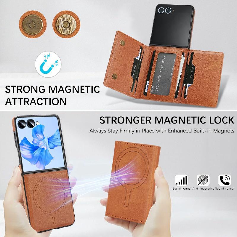 Samsung Z Flip7 Wireless Charging Phone Case with Magnetic Tri-fold Card Holder, Leather Sticker, Velvet Inner, 6-Level Protection.