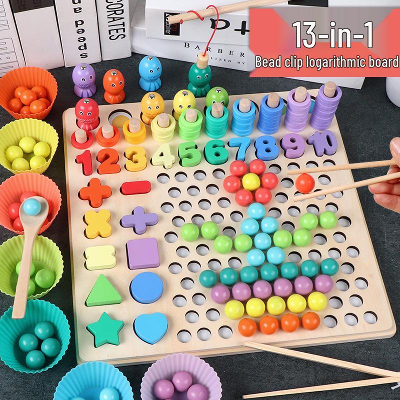 Wooden Children's Bead Puzzle Game Tweezers - Fun Hand-Eye Coordination Toy for Early Education