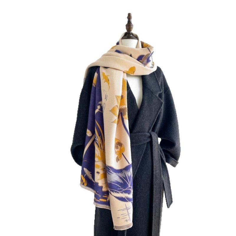 Women S Chinese Style Ink Lotus Printed Double Sided Thick Warm Winter Scarf