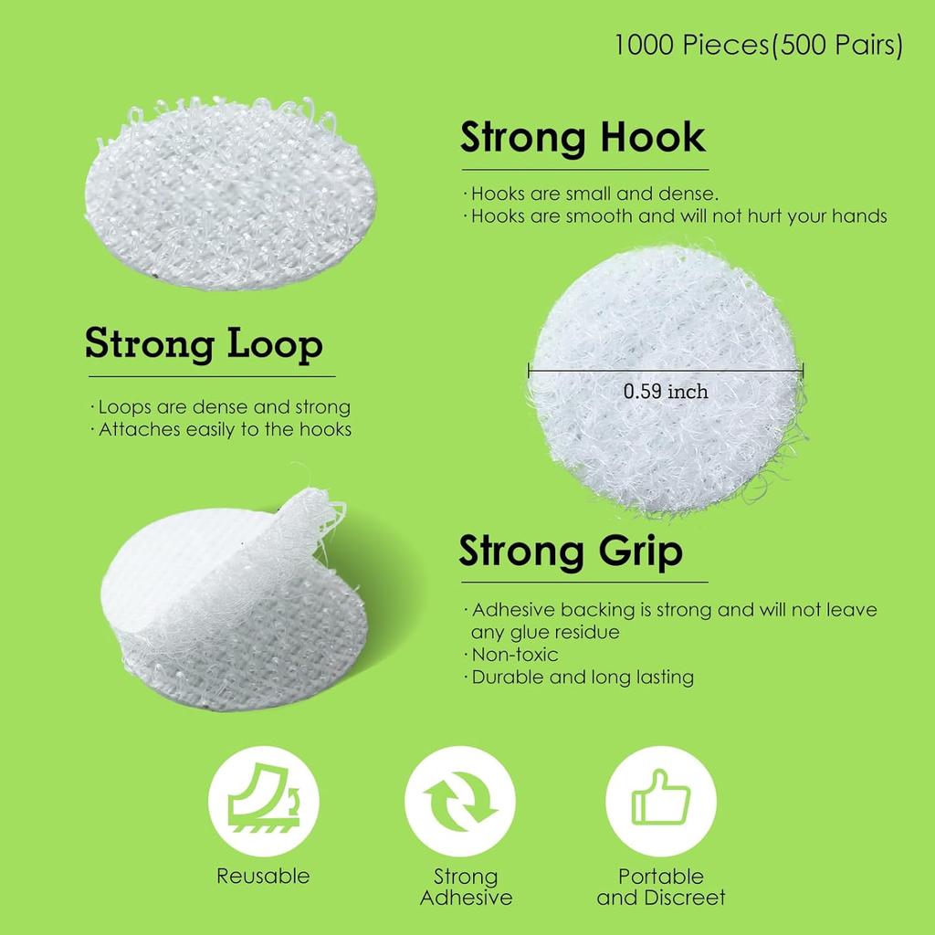 1000 Pcs | 500 Pairs | 0.59inch Diameter | 100% Nylon | Hook and Loop Fastener Self Adhesive Strong Round Circle Sticky Sticker Dots for Arts and