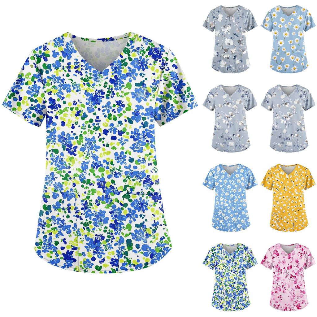 Рабочая форма больших размеров с принтом, топы для женщин, забавные футболки с v-образным вырезом и короткими рукавами, рабочая одежда, футболка с карманами